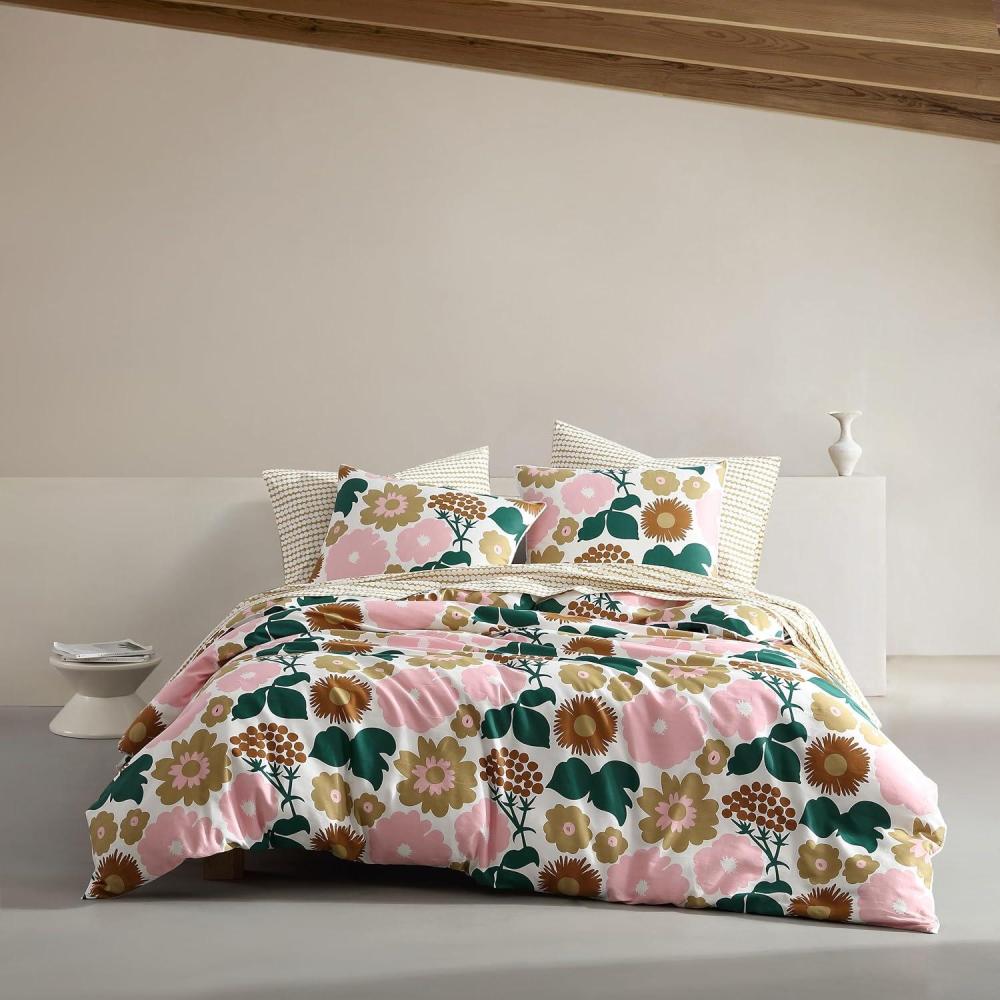 imageMARIMEKKO  Queen Duvet Cover Set Organic Cotton Bedding with Matching Shams Luxury Home Decor GOTS Certified Lokki Beige QueenPieni Kukkatori Pink