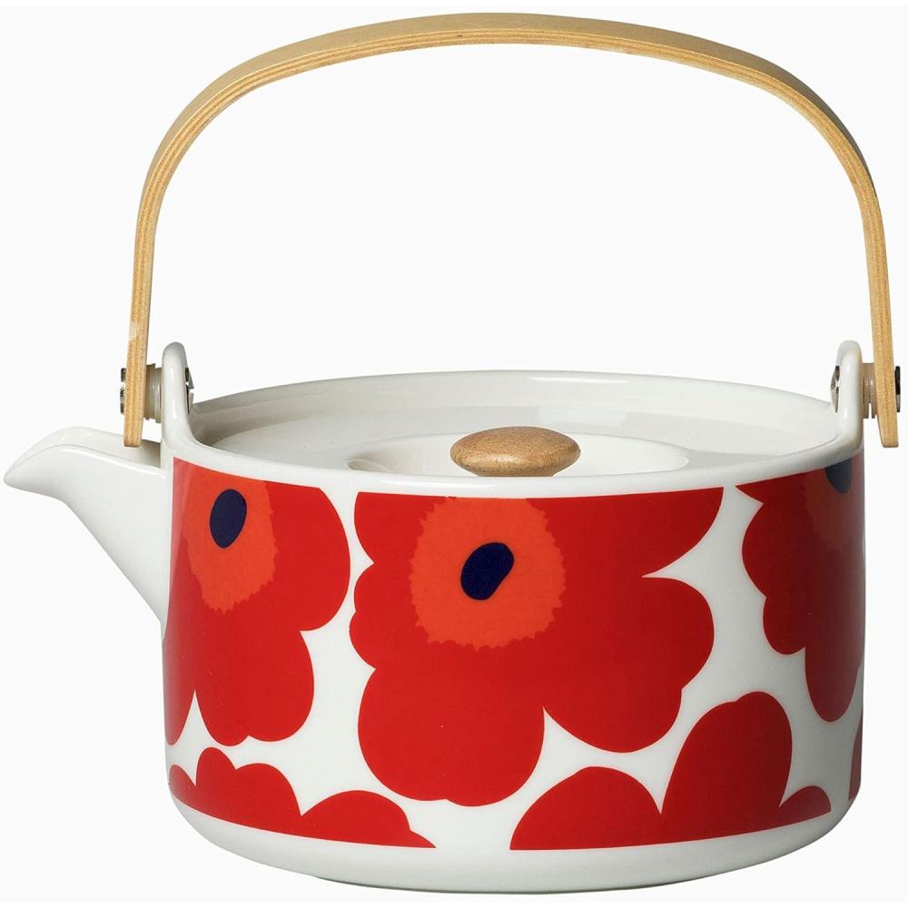 imageMARIMEKKO Oiva Rsymatto Stoneware Teapot  Refine Your Kitchen Dcor with Our Iconic Black ampamp White Stoneware  Stylish Ceramic Teapot with Tea Infuser Lid 2663 ozRed