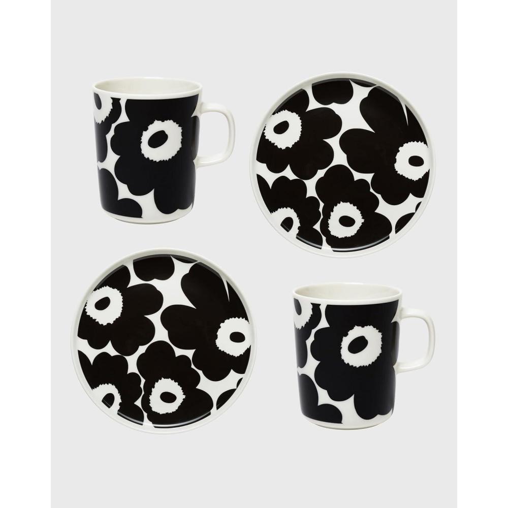 imageMarimekko  Unikko Oiva Breakfast Set of Stoneware Coffee Cups ampamp Salad Plates 4Pc