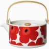 MARIMEKKO Oiva Räsymatto Stoneware Teapot — Refine Your Kitchen Décor with Our Iconic Black & White Stoneware — Stylish Ceramic Teapot with Tea Infuser Lid (26.63 oz)(Red)