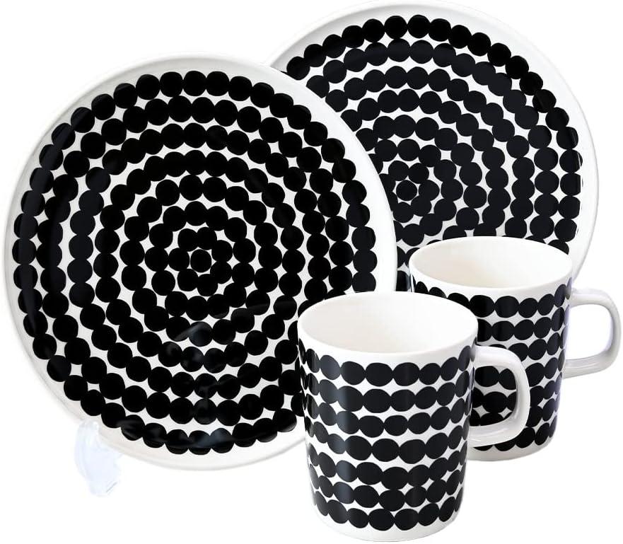 imageMARIMEKKO Oiva Rsymatto Dish Set Includes 2 Plates 8quot ampamp 2 Mugs 88oz Iconic Black ampamp White Stoneware Set for Refining Your Kitchen DecorBlack Rsymatto