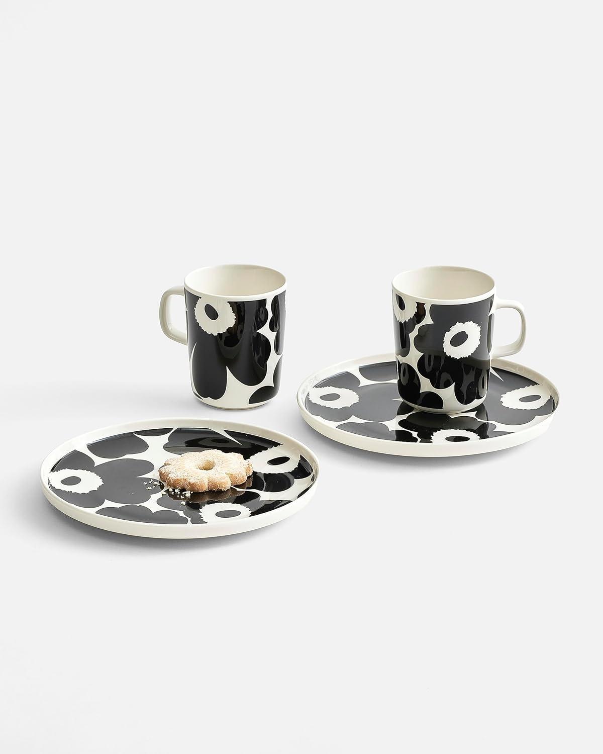 imageMARIMEKKO Oiva Unikko Kitchen Dish Set Black Floral Stoneware Plate and Mug set of 2 88 oz Mugs and 8quot Diameter Plates