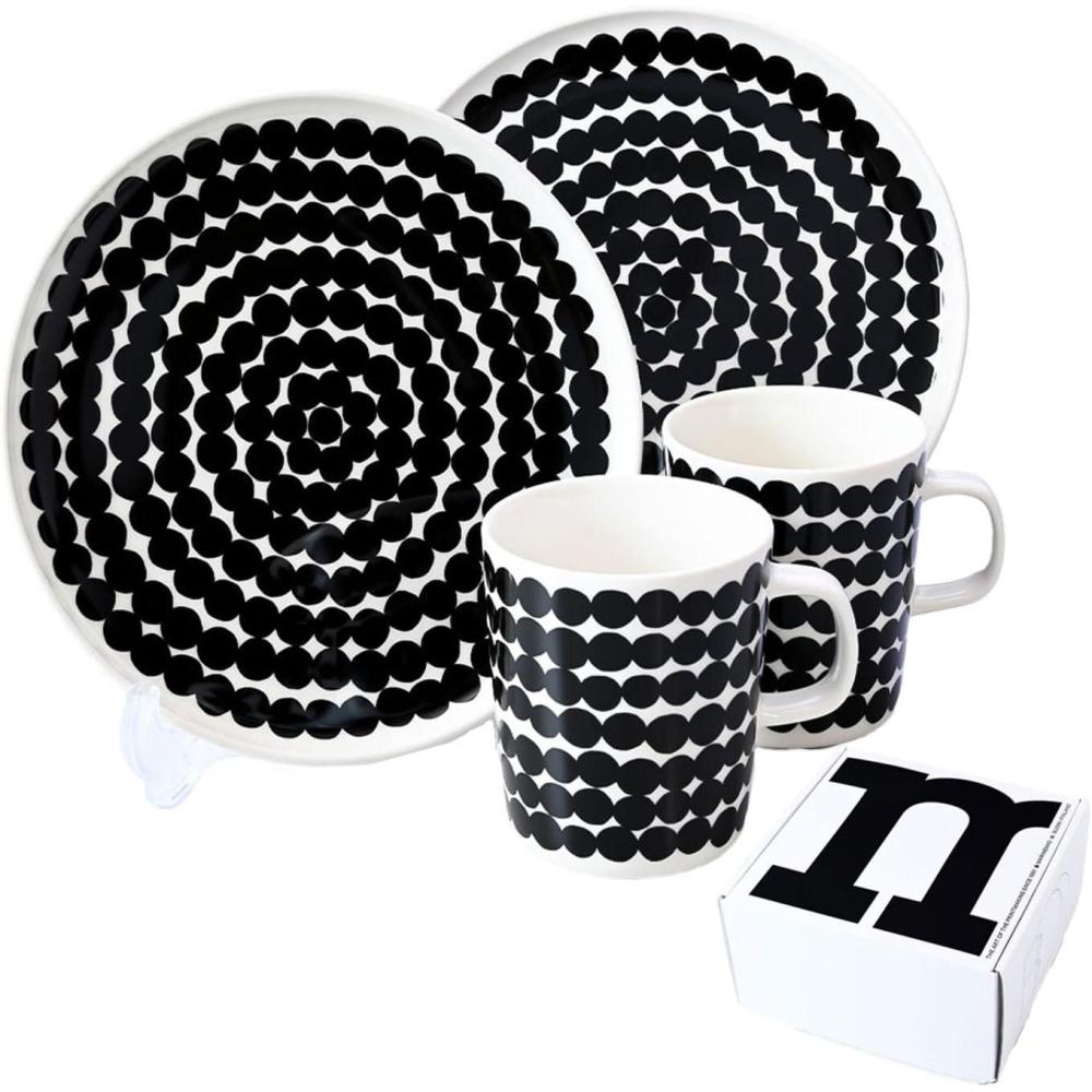 imageMARIMEKKO Oiva Rsymatto Dish Set  Includes 2 Plates 8quot ampamp 2 Mugs 88oz  Iconic Black ampamp White Stoneware Set for Refining Your Kitchen DecorBlack Rsymatto