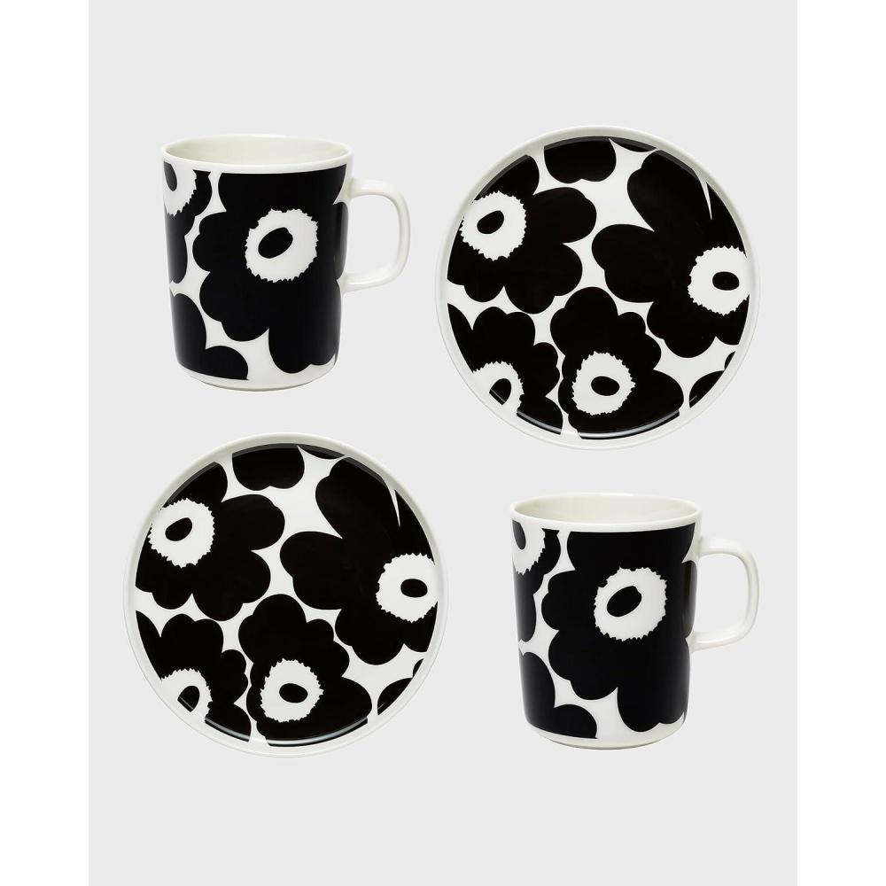 imageMARIMEKKO Oiva Unikko Kitchen Dish Set Black  Floral Stoneware  Plate and Mug set of 2  88 oz Mugs and 8quot Diameter Plates