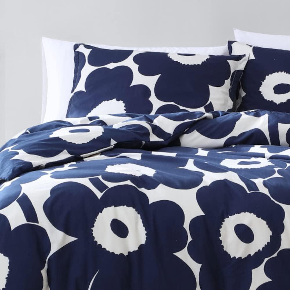 imageMARIMEKKO Queen Comforter Set 100 Cotton Bedding with a Naturally Soft Feel Medium Weight for Year Round Comfort 3 Piece Bed Set with Matching Pillowcases Unikko RedUnikko Indigo