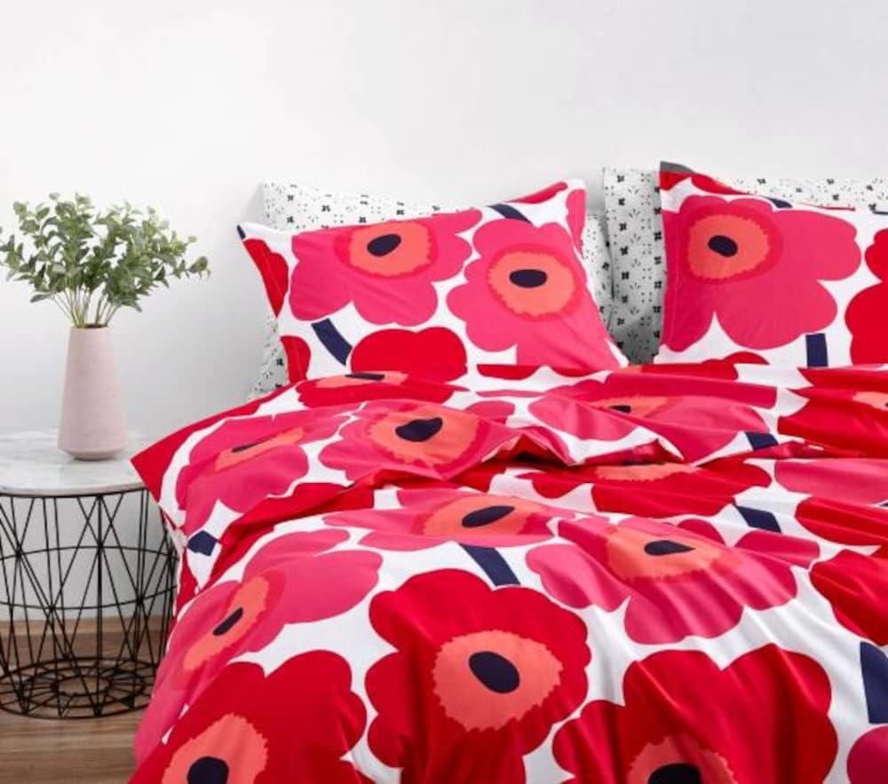 imageMARIMEKKO Queen Comforter Set 100 Cotton Bedding with a Naturally Soft Feel Medium Weight for Year Round Comfort 3 Piece Bed Set with Matching Pillowcases Unikko RedUnikko Red