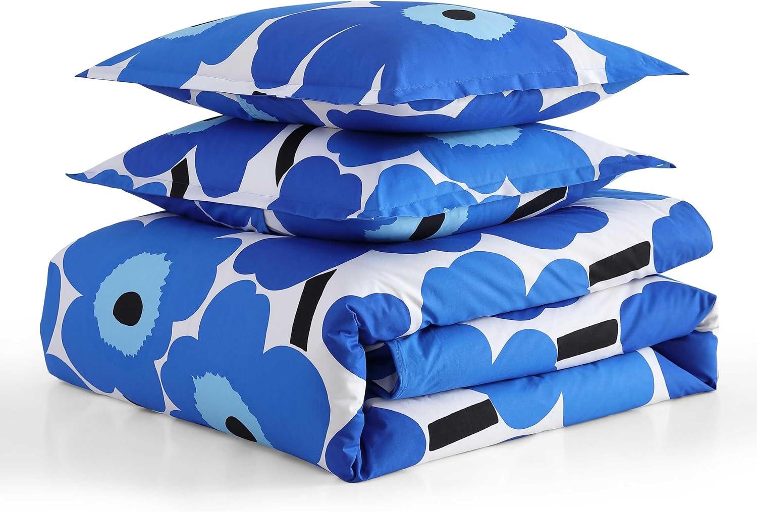 imageMarimekko Queen Comforter Set Soft ampamp Reversible Cotton Percale Bedding with Medium Weight Feel for Year Round Comfort 3 Piece Bed Set with Matching Pillowcases MykeroUnikko Blue