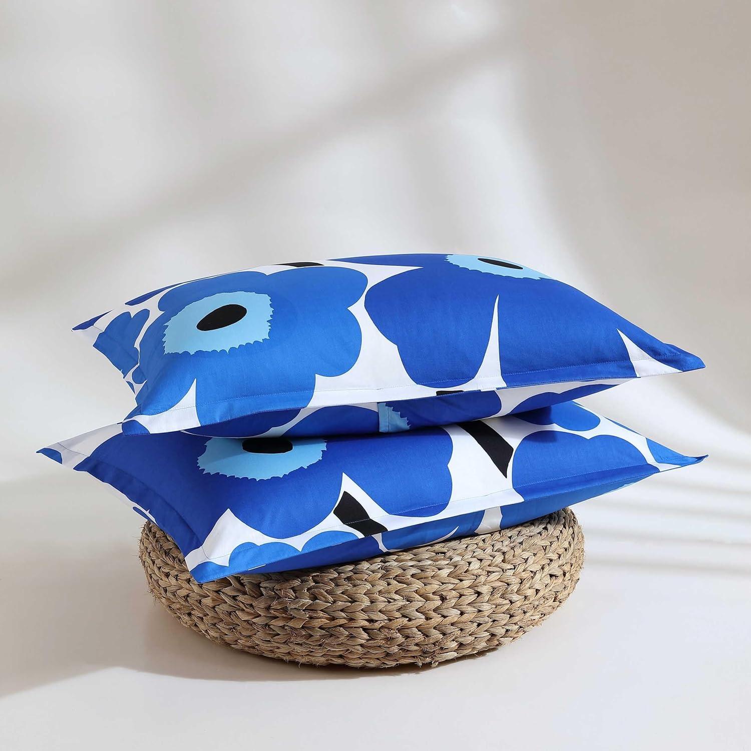 imageMarimekko Queen Comforter Set Soft ampamp Reversible Cotton Percale Bedding with Medium Weight Feel for Year Round Comfort 3 Piece Bed Set with Matching Pillowcases MykeroUnikko Blue