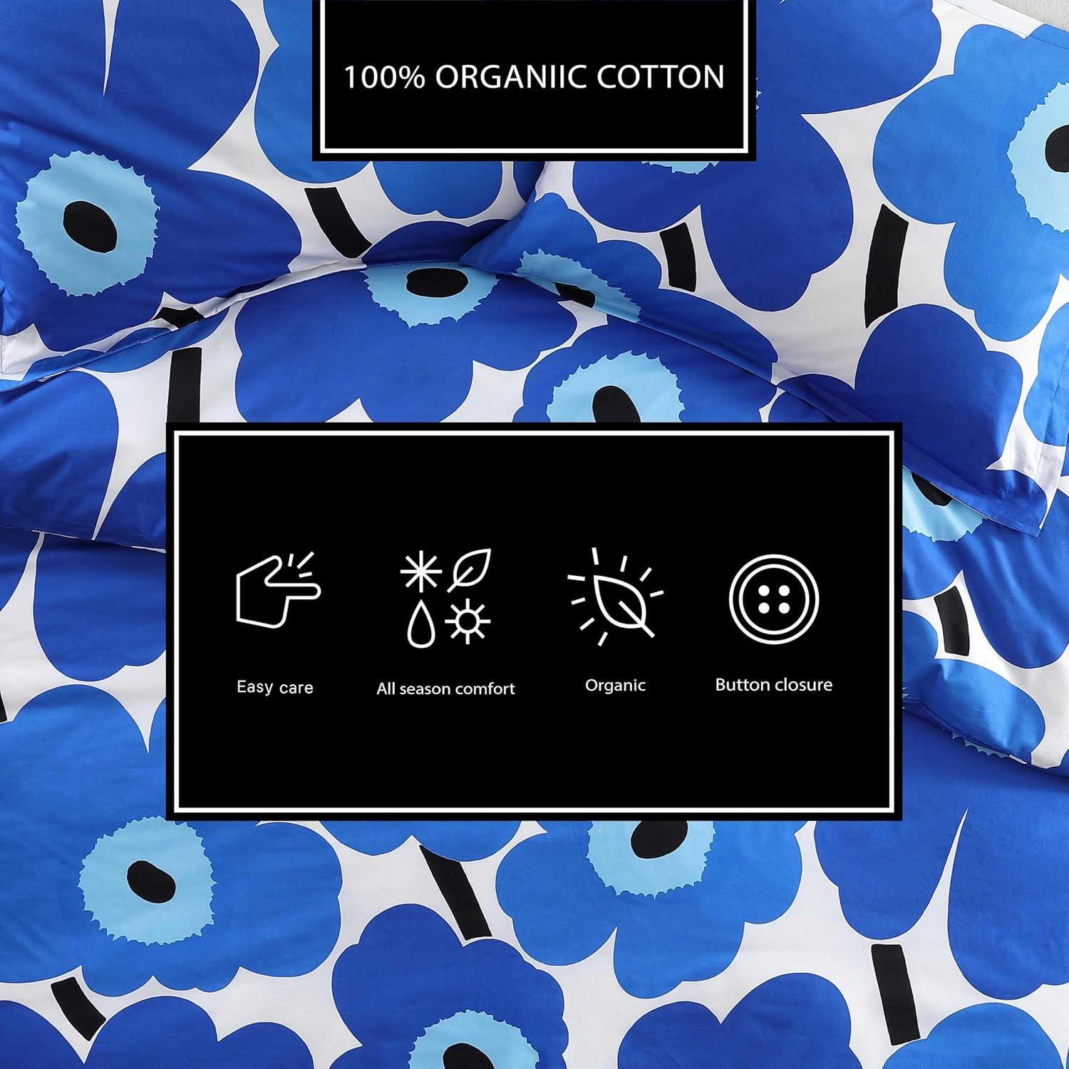 imageMarimekko Queen Comforter Set Soft ampamp Reversible Cotton Percale Bedding with Medium Weight Feel for Year Round Comfort 3 Piece Bed Set with Matching Pillowcases MykeroUnikko Blue