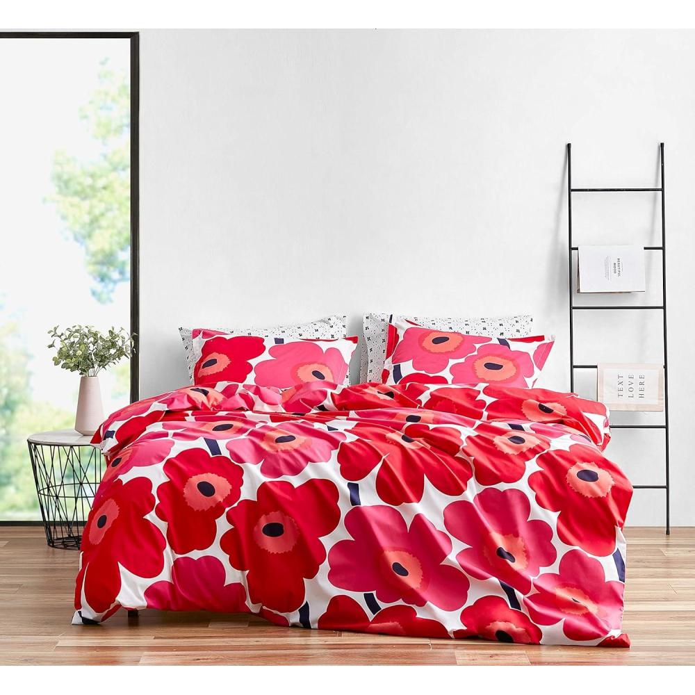 imageMARIMEKKO Queen Comforter Set 100 Cotton Bedding with a Naturally Soft Feel Medium Weight for Year Round Comfort 3 Piece Bed Set with Matching Pillowcases Unikko RedUnikko Red