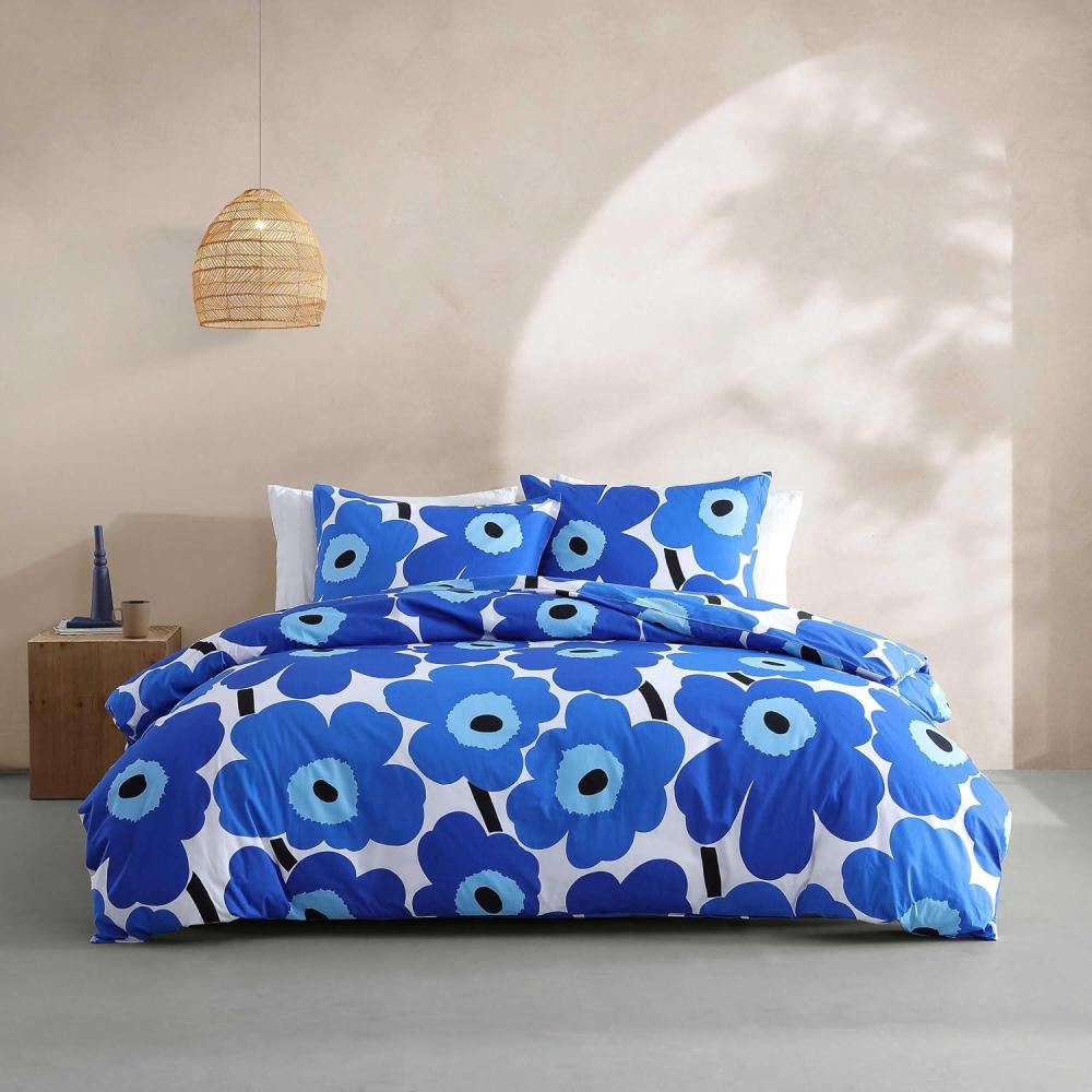imageMarimekko Queen Comforter Set Soft ampamp Reversible Cotton Percale Bedding with Medium Weight Feel for Year Round Comfort 3 Piece Bed Set with Matching Pillowcases MykeroUnikko Blue
