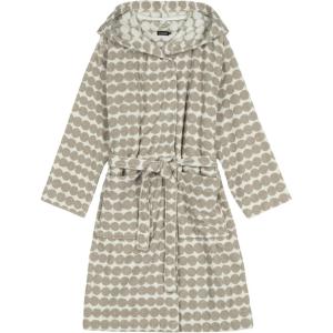 MARIMEKKO Räsymatto Hooded Bathrobe – Thick Organic Cotton Terry Robe with Belt & Pockets – Lightweight Robes for Women and Men in Elegant Ivory & Beige Pattern – Unisex Loungewear (Size S/M)