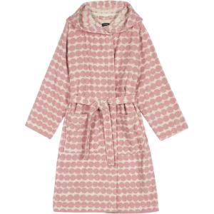 MARIMEKKO Räsymatto Hooded Bathrobe – Thick Organic Cotton Terry Robe with Belt & Pockets – Lightweight Robes for Women and Men in Elegant White and Light Pink Pattern – Unisex Loungewear (Size L/XL)